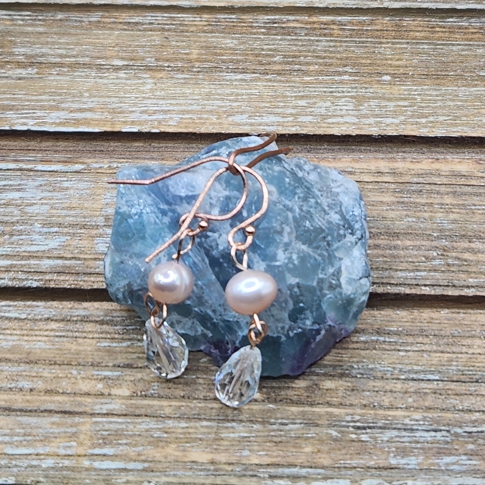 Pink Pearl, Crystal and Rose Gold Drop Earrings